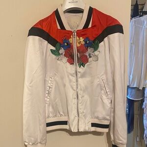 Maje Women's Red and White Bomber Jacket with Floral Design